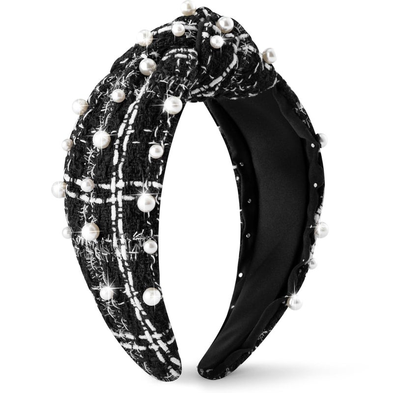 PANTIDE Pearl Jeweled Knotted Headband - Classics Black White Buffalo Lattice Cropped Tweed Pearl Embellished Headband Wide Top Knot Hairband Accessories Birthday Gift for Women Girl (Black Plaid) - Image 1